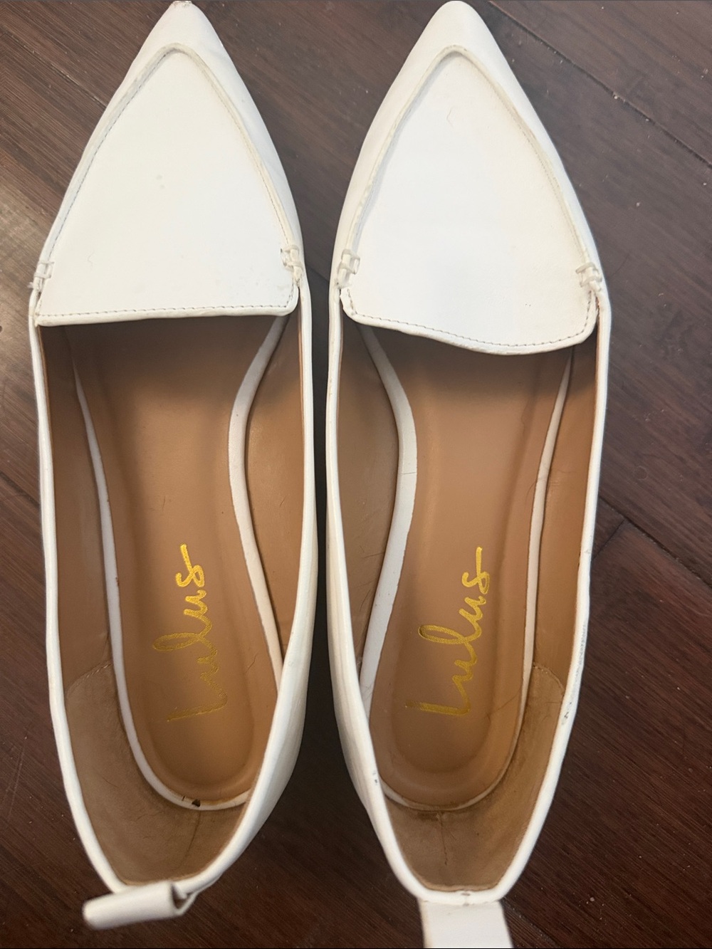Lulu's White Pointed Toe Flats with Tan Insole